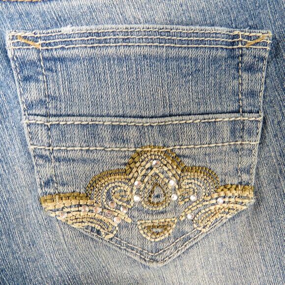 Y2k Almost Famous Flare Leg Jeans Light Wash Low Rise Jeans Ripped Size 1 25" - Picture 7 of 8